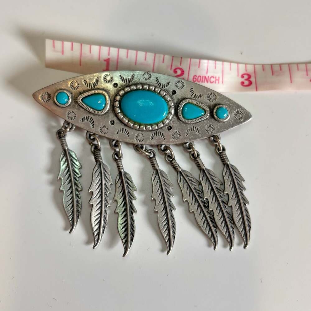 JJ Jonette Jewelry Southwestern Style Turquoise Feather Dangle Brooch Pewter Pin - Picture 4 of 11